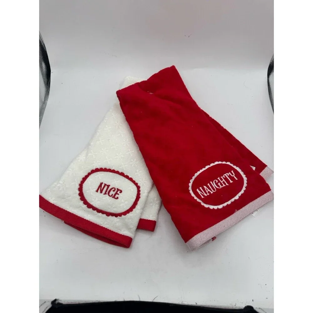 Naughty And Nice Christmas Hand Towels Red White Seasonal New Cotton